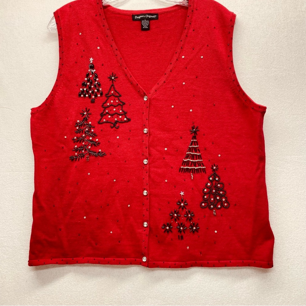 Vintage Designers Originals Lrg Red Christmas Sweater Vest Beaded Trees Sequins